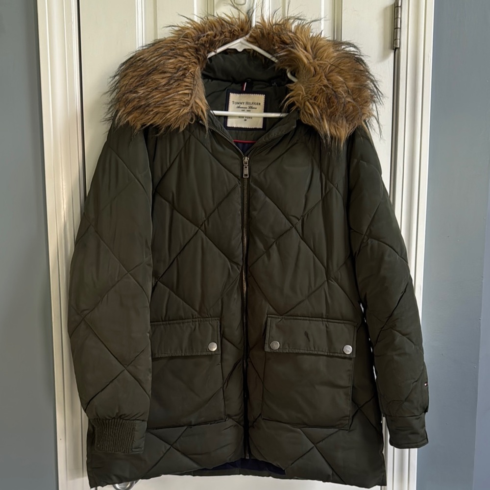Tommy Hilfiger Dark Green Quilted Jacket with Faux Fur Trim